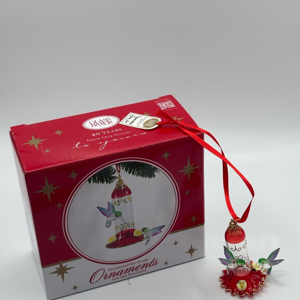 Glass Baron Holiday Ornament Hummingbirds Feeder Swarovski Crystal Eyes In Box